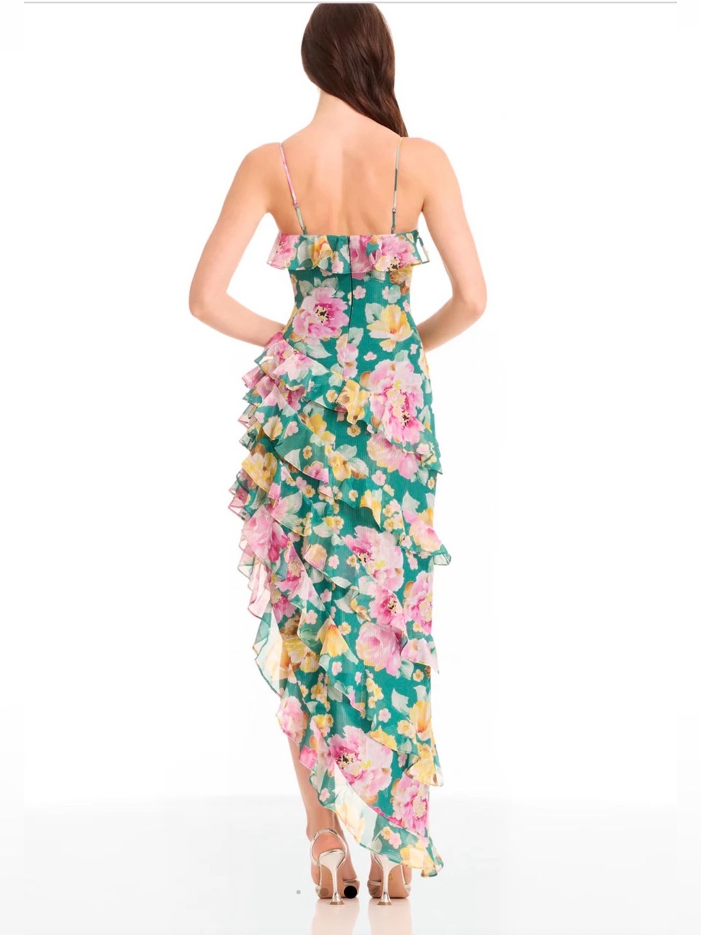 Dress the Population Pine Multi Floral Ruffle High Low Dress Large NWT - Picture 3 of 11